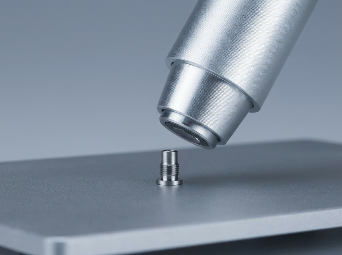 Objektiv eines Digitalmikroskops knapp über einem kleinen gedrehten Stahlteil