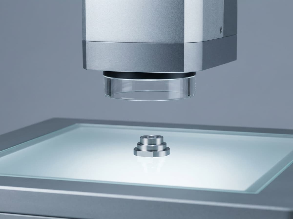 Messkopf eines optischen Messsystems über einem Drehteil auf dem beleuchteten Glastisch
