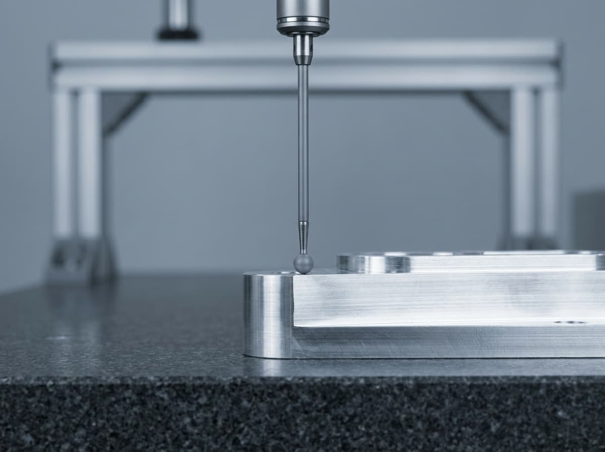 Tastkugel einer Koordinatenmessmaschine auf einem gefrästen Aluminiumteil, dahinter das Portal