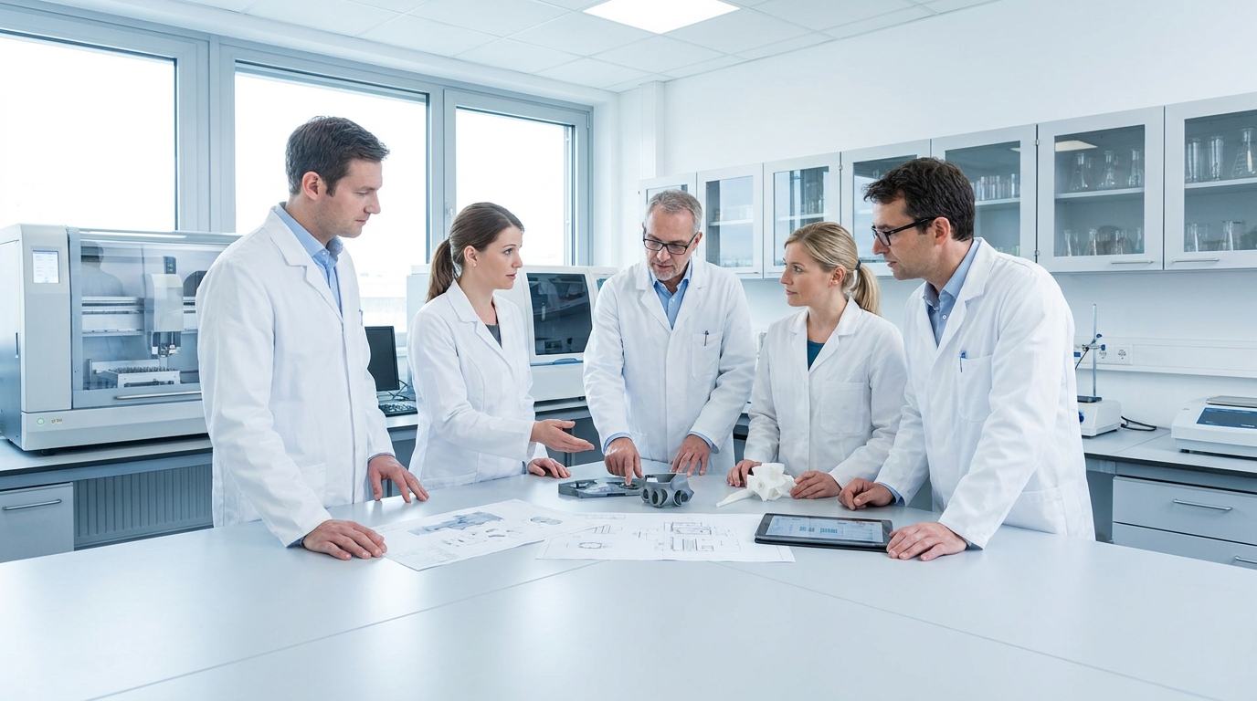 Fachleute im Labor besprechen Zeichnungen und Bauteile